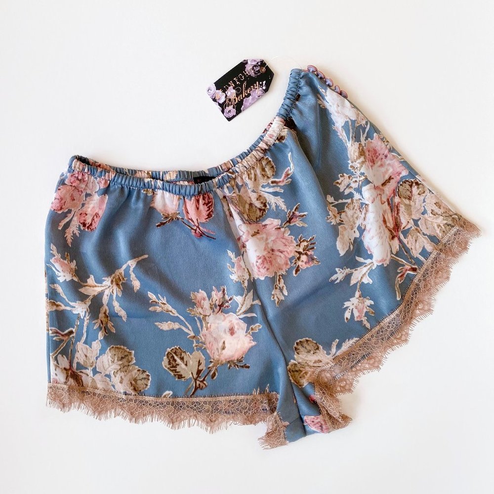 Midnight Bakery Soft Floral Shorts with Lace Trim and Button Detail